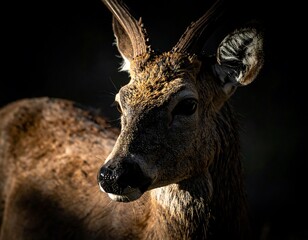 Close-up of a deer's head, its antlers slightly visible. The animal is bathed in soft light against a dark, contrasting background