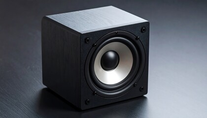 Obraz premium A square black audio subwoofer with a silver cone speaker is angled on a dark wooden surface. The device has rounded corners