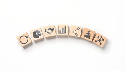 Business icon data chart handshake growth network team process strategy analysis minimal wooden block symbol connection collaboration planning
