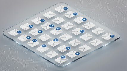 Email icon grid envelope pattern blue number badge digital interface white background modern technology data visualization network communication