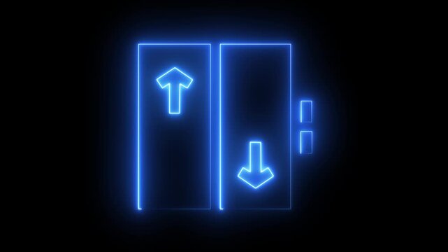 Neon glowing elevator doors with up and down arrows and call buttons icon . Neon blue elevator doors glowing with up and down arrows and floor indicators on black background abstract technology.