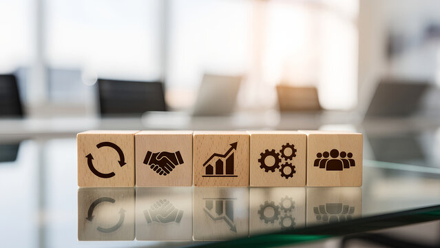 Business concept process teamwork partnership growth success strategy planning office icon symbol wooden block reflection collaboration corporate