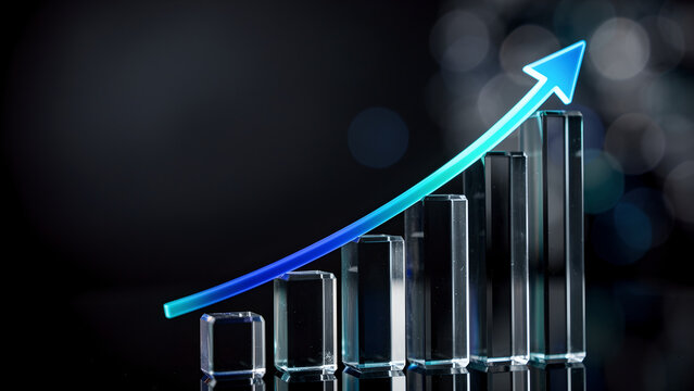 Growth success business finance profit chart arrow bar glass increase upward abstract blue performance data statistic economy corporate strategy