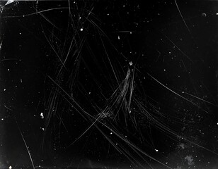 Black background of intersecting scratches and tiny specks suggesting aged film or damaged surface, abstract texture