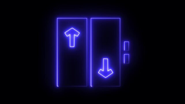 Neon glowing elevator doors with up and down arrows and call buttons icon . Neon blue elevator doors glowing with up and down arrows and floor indicators on black background abstract technology.