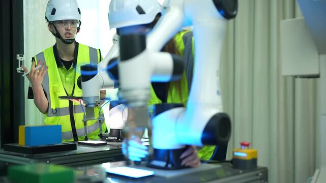 Professional engineering team testing collaborative robots. Female specialist inspecting automated machinery while colleague uses tablet to calibrate systems in a modern smart factory.