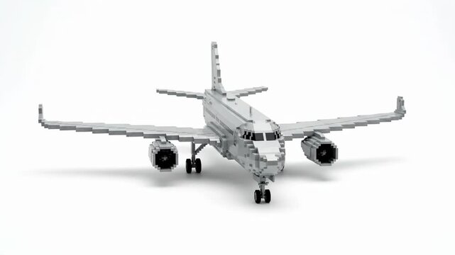 A gray passenger jet model constructed from blocks, set against a bright white background. It has engines and landing gear