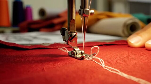 Close-up view of a vintage sewing machine needle meticulously stitching white thread into vibrant red fabric, showcasing the intricate process of textile creation and handmade craftsmanship in a deta.