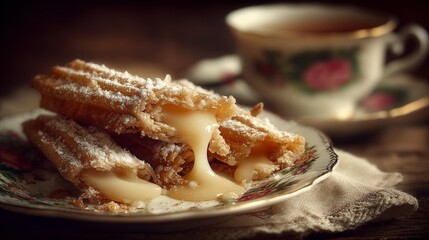 Elegant Still Life of Crumbling Pastries with Tea and Delicate Plate