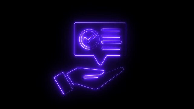 Glowing neon hand holding speech bubble with checkmark and list icon ,black background abstract communication concept glowing sign, Yellow Neon Hand Holding Checklist Icon.4k video animation.