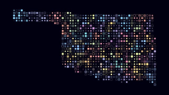 Oklahoma animated shape. Pulsating colored dots on the map of the state. Small size rounded square blocks. Digital style Oklahoma map on dark background. Amazing animation video.