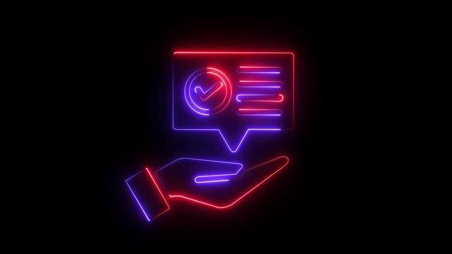 Glowing neon hand holding speech bubble with checkmark and list icon ,black background abstract communication concept glowing sign, Yellow Neon Hand Holding Checklist Icon.4k video animation.