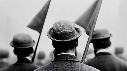 Classic union protest march, historical labor rights movement, early 1900s realism, documentary photography aesthetic