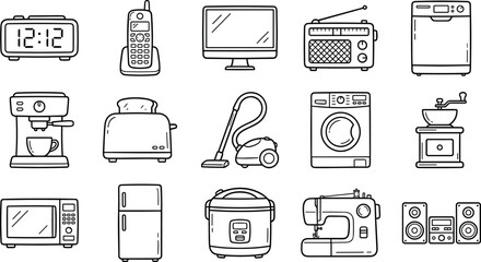 Household electronics and kitchen appliance line art icon set: monochrome doodle collection for domestic living featuring microwave, refrigerator, coffee maker, and alarm clock.