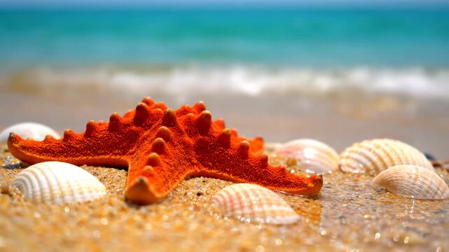 An orange starfish and seashells rest on a sandy beach, with waves gently washing ashore, and a vibrant ocean in the background