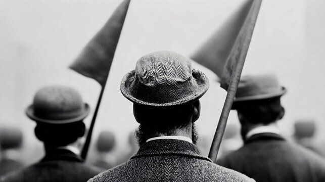 Classic union protest march, historical labor rights movement, early 1900s realism, documentary photography aesthetic