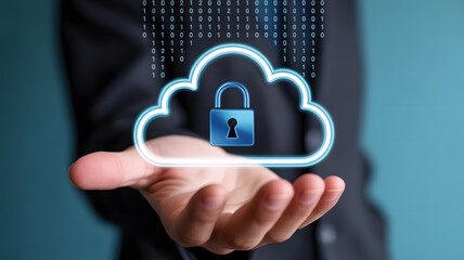 Businessman presenting secure cloud storage with digital lock