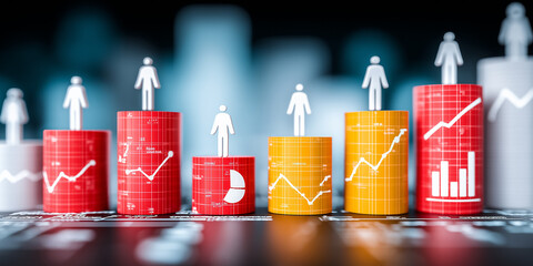3D bar chart with human figures and financial graphs
