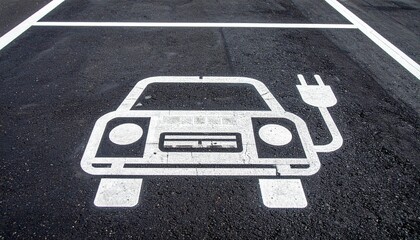 Electric vehicle charging spot marking on asphalt with white paint, symbolizing eco-friendly transportation