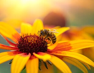 Close-up of a bee gathering pollen on a bright yellow flower, bathed in warm sunlight, creating a vibrant scene