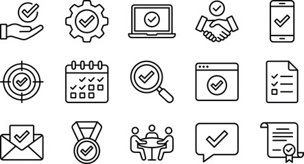 Check mark verification and approval line icons set for task management quality assurance business confirmation workflow illustration design