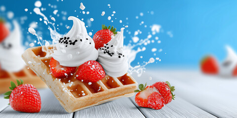 Waffle with whipped cream and strawberries
