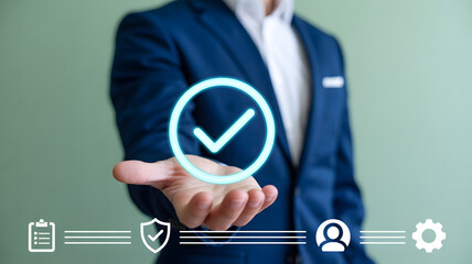 Businessman presenting secure and verified concept with glowing checkmark