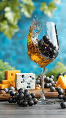 Wine glass with grapes and cheese platter