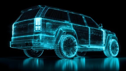 Futuristic SUV Car Design with Glowing Blue Wireframe Effect.