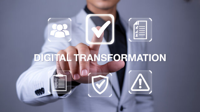 Businessman engaging with digital transformation interface - Powered by Adobe
