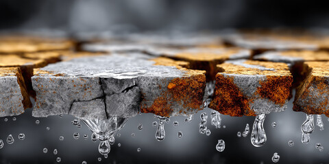 Cracked rusty concrete surface with dripping water