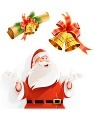 Premium Festive Assets with Santa Claus, Christmas Scroll, and Glossy Bells Isolated on White