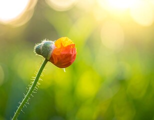 Close-up of a vibrant orange and yellow poppy blossom with raindrops, bud and stem. Blurred green background with sunlight
