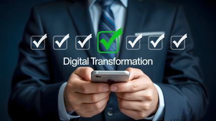 Businessman embracing digital transformation with smartphone