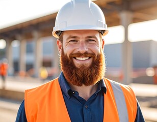 Close-up of a construction worker with a red beard wearing a white hard hat and orange safety vest