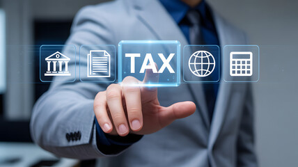 Businessman interacting with digital tax interface for financial planning