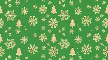 Christmas pattern with snowflakes and trees on green background