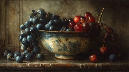 Dark and Moody Still Life of Spoiled Berries in Antique Bowl