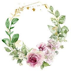 Naklejka premium Watercolor flower wreath with gold frame.