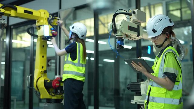 Getting ready for Industry 4.0. Professional female engineers utilizing laptop data to prepare a heavy-duty yellow robotic arm for advanced AI-driven manufacturing operations.