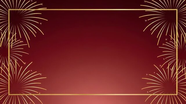 Golden fireworks appear and grow around a rectangular frame on a red gradient background for celebratory greeting card design