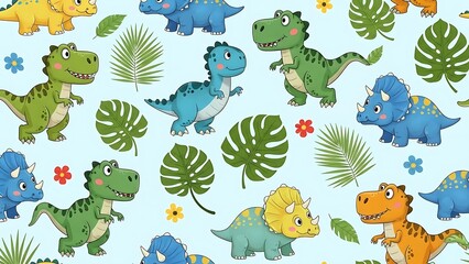 Obraz premium Colorful cartoon dinosaurs and tropical leaves on light blue background