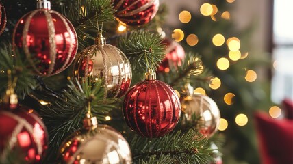 Obraz premium Christmas tree adorned with red and gold ornaments, showcasing festive holiday spirit.
