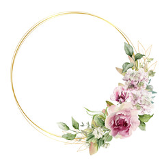 Watercolor flower wreath with gold frame.