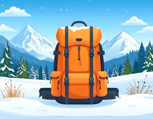 Cartoon illustration of an orange and black backpack sitting in a snowy landscape with mountains, trees, and snow falling