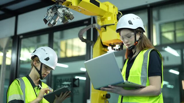 Female engineers optimizing yellow robotic automation with digital technology to drive smart manufacturing efficiency and future operational success.