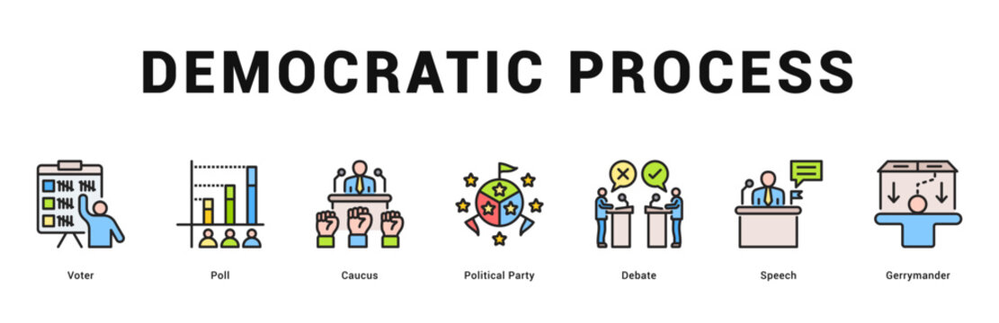 Democratic Process Modern and clean web banner illustration featuring thematic icons for visual communication