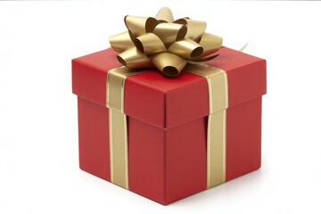 Obraz premium Elegant red gift box tied with a gold ribbon and bow, isolated on a clean white background for celebratory occasions