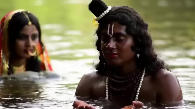 Hindu deity in water with companion.