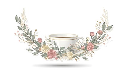 Teacup surrounded by roses and leaves in a wreath, perfect for invitations, wedding stationery, greeting cards, and floral designs.
